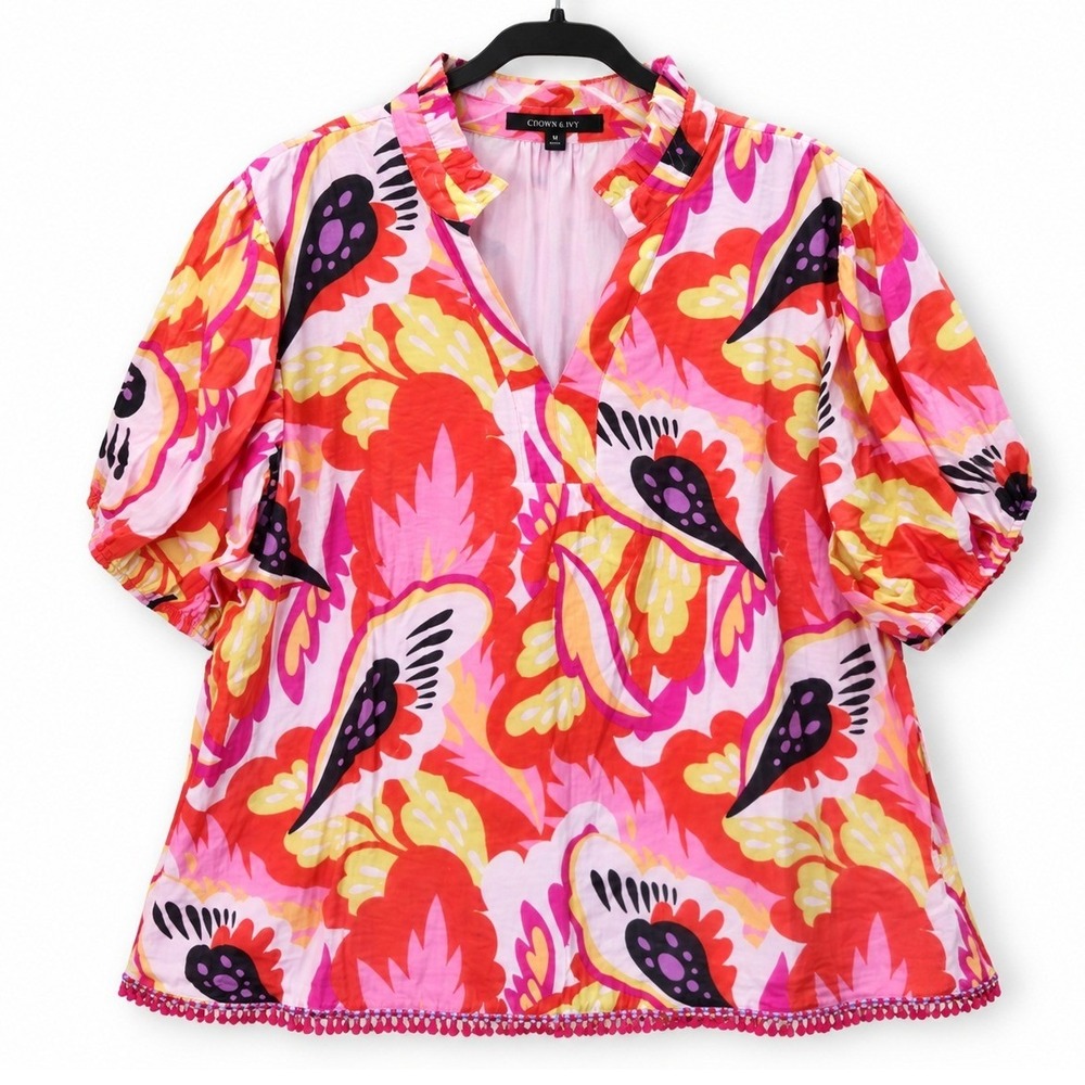 Calessa Tunic Womens Large Shimmery Fuchsia Abstract Top Blouse Fringe Career